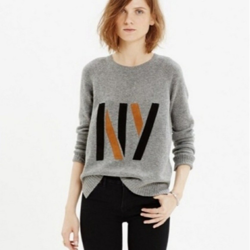 Madewell Merino Wool Pullover Sweater Leather Patch Ribbed Knit Top Small